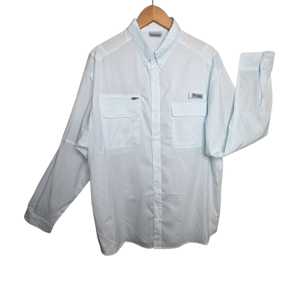 Columbia Mens Light white & Blue PFG Long Sleeve Fishing Shirt XL Vented Back